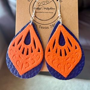 Royal-Blue Teardrop with Orange Geometrical Engraved Style Faux Leather Earrings